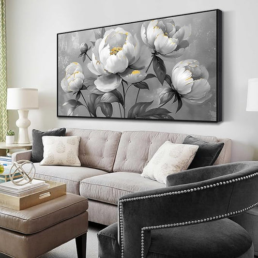 Large Black and White Flower Canvas Wall Art With Black Wood Frames for Living Room Bedroom Home Office Modern Canvas Prints Framed Canvas Wall Art Size 30x60