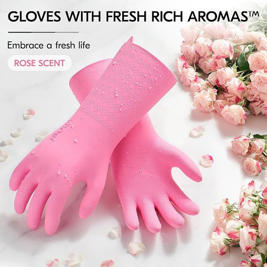 Vgo... 1 Pair Household Cleaning Gloves Infused with Rresh Rich Aromas, Lined Dishwashing Gloves,Long Sleeves Kitchen Gloves, Bathroom Cleaning, Gardening, Pet Care(Pink,Size S,TP1117)