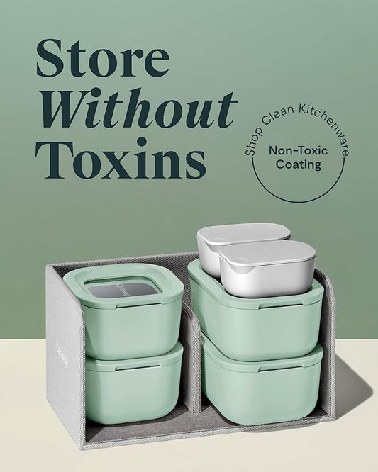 Caraway Mini Food Storage 11pc Set - Glass Storage Containers for Food - Non-Toxic Ceramic-Coated Glass - Air Release Technology - Compact & Stackable Design - Mist