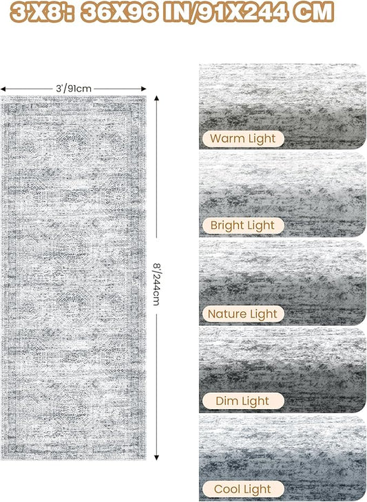 3x8 Runner Rug Non Slip Washable for Entryway, Vintage Hallway Runner for Front Porch, Laundry Room, Bedroom, Abstract Stain Resistant Thin Indoor Kitchen Mats for Floor(3'x8', Grey/Ivory)