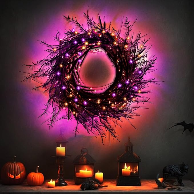9 Ft 54 LED Halloween Willow Vine Twig Decor Garland with 8 Modes Timer Orange & Purple Lights Waterproof Battery Operated Halloween Decorations for Home Bedroom Wall Fireplace Mantle Decor