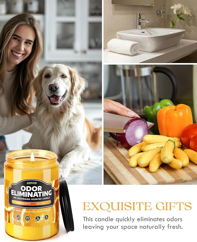 AOOVOO Citrus Lemon Odor Eliminating Highly Fragranced Candle - Eliminates 95% of Pet, Smoke, Food, and Other Smells Quickly, Air Freshing Soy Candle, 22 oz Up to 110 Hours Burn time