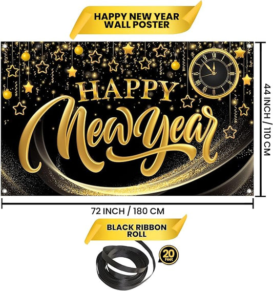 KatchOn, XtraLarge Happy New Year Banner - 72x44 Inch | Happy New Year Backdrop for New Years Decorations 2026 | NYE Eve Banner for NYE Decorations 2026 | New Years Eve Party Supplies 2026