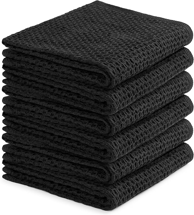 Cotton Waffle Weave Kitchen Towels - Pack of 6 (13x28 Inches) | Ultra Soft, Absorbent Dish Towels | Quick Dry Towel, Dish Cloths, Hand Towels & Dish Rags - Black (Kitchen Essentials)