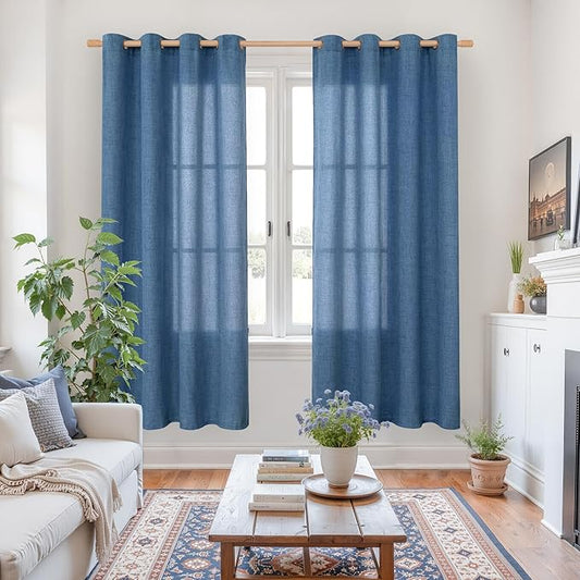 YoungsTex Dark Blue Linen Curtains 68 Inch Length for Living Room, Navy Semi Sheer Drapes Light Filtering with Bronze Grommet Privacy for Bedroom Decorative, 52 x 68 Inch, 2 Panels