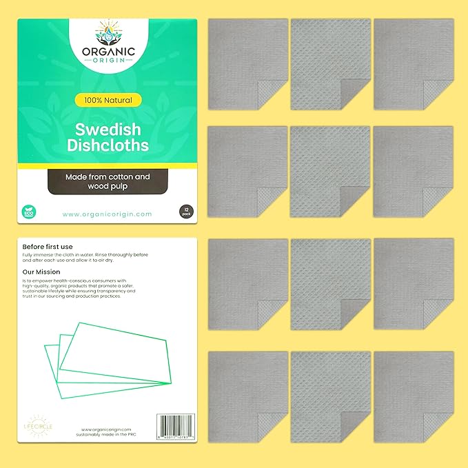 Swedish Dishcloths 12 Pack – Reusable Paper Towels, Cellulose Sponge Cloths, Washable & Super Absorbent Kitchen Dish Cloths, Biodegradable Compostable Paper Towel Alternative – Organic Origin