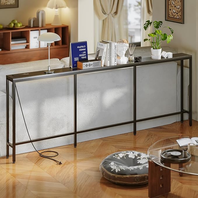 86.6" Behind Couch Table with Fast Charging Station, 7.1" Narrow Skinny Sofa Table with 2 Power Outlets, 2 USB-A, USB-C for Console Entryway, Black