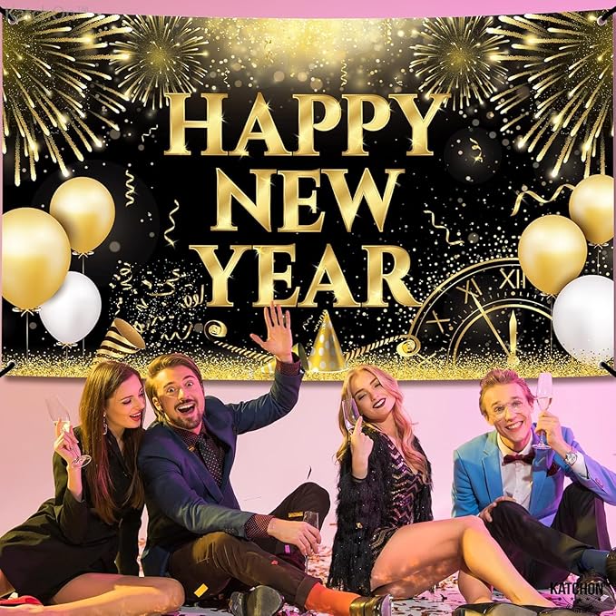 KatchOn, XtraLarge Happy New Year Banner - 72x44 Inch | New Years Backdrop for New Year Decorations 2026 | New Years Eve Party Supplies 2026 | NYE Decorations 2026