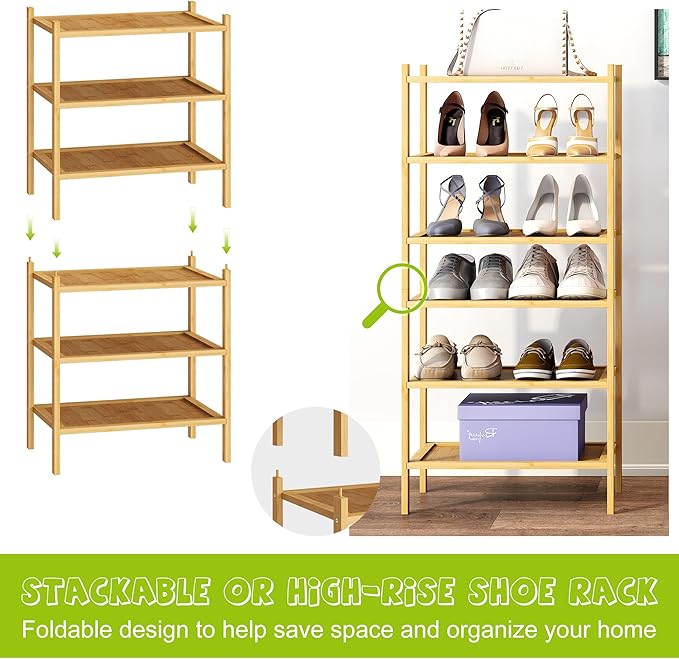BMOSU 3-Tier Bamboo Small Shoe Rack Premium Stackable Shoe Shelf Storage Organizer for Hallway Closet Living Room Entryway Organizer(Natural)