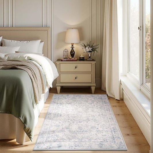 jinchan 3x5 Ivory Rugs for Entryway - Machine Washable Vintage Floral Ultra-Thin Low Pile Soft Throw Small Non-Slip Distressed Doormat Accent Rug for Entrance Kitchen Bedroom (3'x5',Ivory)