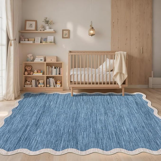 GarveeHome Scalloped Washable Area Rug 8 x 10 Rug for Living Room Modern Blue Rug Non Slip Throw Rugs Distressed Large Bedroom Area Rug Stain Resistant Carpet for Dining Room Nursery 8 ft x10 ft Blue