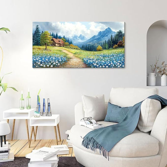 CHATYOUNG Bathroom Canvas Wall Art Paintings, Blue Mountains Wild Flowers Rustic Landscape Prints Wall Pictures Large 20"X40" for Living Room Bedroom Bathroom Home Decor Gift