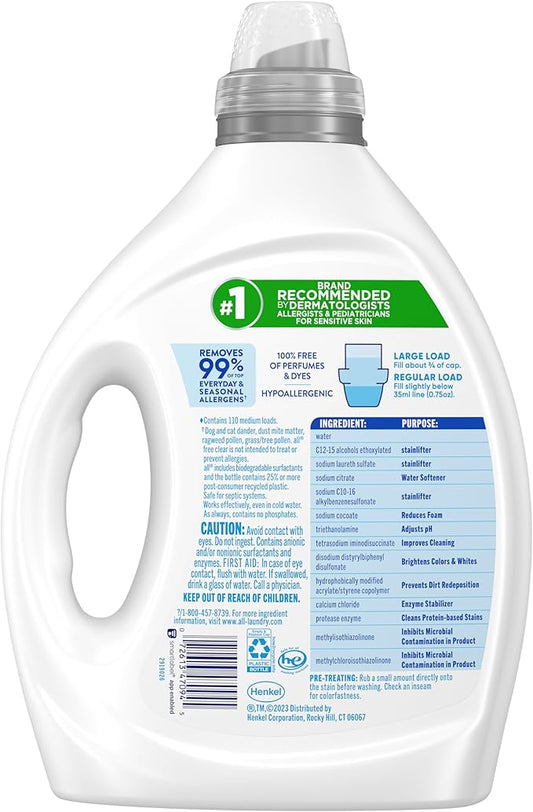all free clear, Original, Liquid Laundry Detergent for Sensitive Skin, Unscented and Hypoallergenic, Concentrated, 82.5oz, 110 Loads