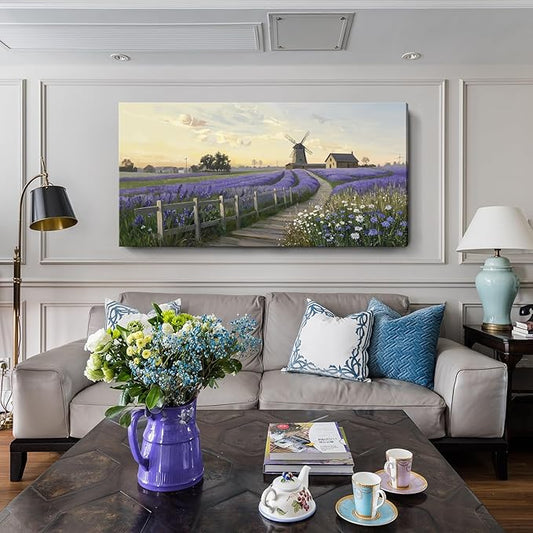 amatop Oversized Wall Picture for Living Room Farmhouse Purple Lavender Artwork Pastoral Countryside Scenery Daisy Flowers Floral Canvas Prints Panoramic Sunset Landscape Picture Bedroom 58x29 In