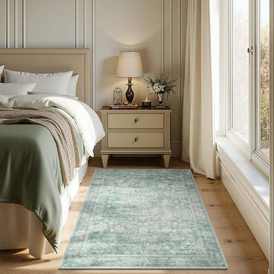 jinchan 3x5 Green Rugs for Entryway - Machine Washable Vintage Floral Ultra-Thin Low Pile Soft Throw Small Non-Slip Distressed Doormat Accent Rug for Entrance Bathroom Kitchen Bedroom (3'x5',Green)