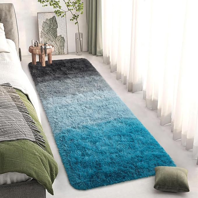 DweIke Luxury Shaggy Runner Rugs for Bedroom, 2x6 Feet Fluffy Runners Carpet for Girls Boys Kids, Non-Slip Extra Comfy Plush Bed Beside Rug for Living Room Nursery Home Decor, Black and Blue