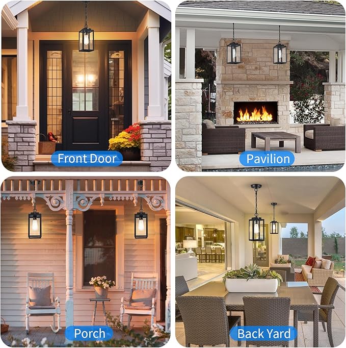 11'' Dusk to Dawn Outdoor Pendant Light, Modern Outside Chandelier Outdoor Hanging Lantern Light, Matte Black with Clear Glass, Exterior Pendant Lighting Fixture for Porch, Yard, Gazebo, 1Pack (Small)