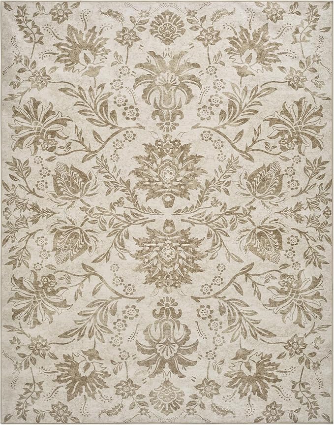 jinchan Floral 5x7 Area Rugs, Vintage-Inspired Neutral Design Accent Rug, Machine Washable Ultra-Thin Low-Pile Non-Slip Traditional Carpet for Living Room Bedroom Dining Room Home Office, Taupe