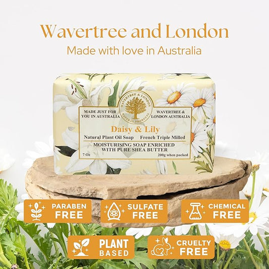 Wavertree & London Daisy & Lily Scented Natural Soap Bar, 7oz Moisturizing French Triple Milled Soap Bar for Women & Men Enriched with Organic Shea Butter, Pure Bath & Body Soap (1 Bar)