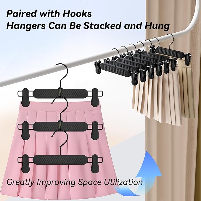 30 Pack Skirt Pant Hangers with Clips for Women, Kids, Baby, Children, Toddler, Frosted Embossing Adjustable Heavy Duty Shorts Hanger with 360° Swivel Hook (Black)