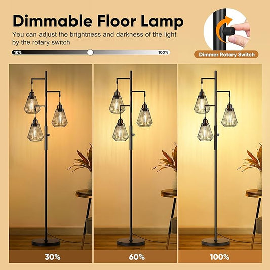 QiMH Industrial Floor Lamps for Living Room, Tree Standing Lamp with Stepless Dimmable, 68" Modern Tall Stand up Lamps for Bedroom Study Office, E26 Socket, 3 LED Bulb Included, Black