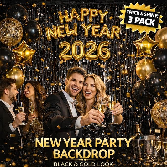 Glossy Black Foil Fringe Curtains – 3 Pack Metallic Tinsel Backdrop for New Year’s Eve & Party Decorations, 3.2 x 8.2 ft, Easy Peel & Stick, Party Photo Background