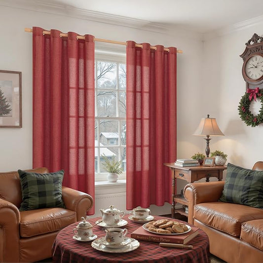 YoungsTex Red Linen Curtains 72 Inch Length for Living Room, Light Filtering Window Drapes with Bronze Grommet Privacy Christmas Decor for Dining Bedroom, 52 x 72 Inch, 2 Panels