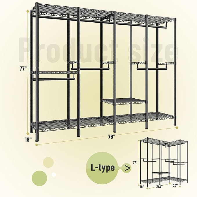 Raybee Clothes Rack for Hanging Clothes,Clothing Rack with Shelves,Portable Closet,Adjustable,76" W x 77" H x 18" D,Max Load 1150lbs,Black