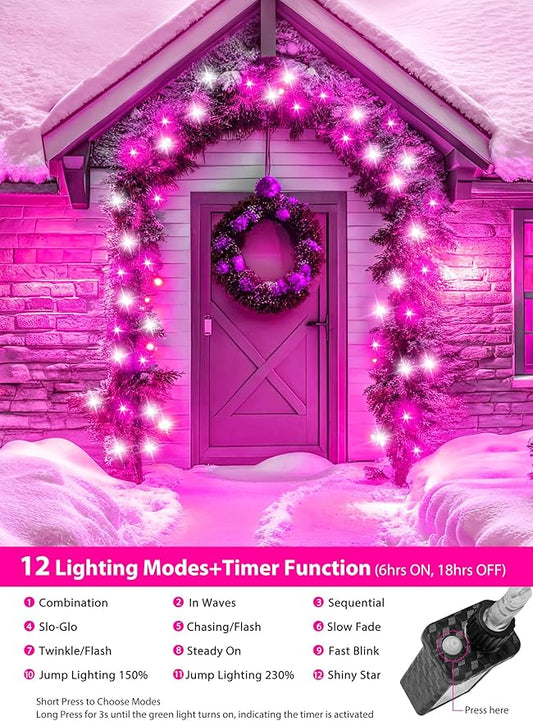 Minetom Christmas Lights - Outdoor Cluster Lights, 200 LED, 10 Ft, 12 Modes Timer, Waterproof, Pink & White