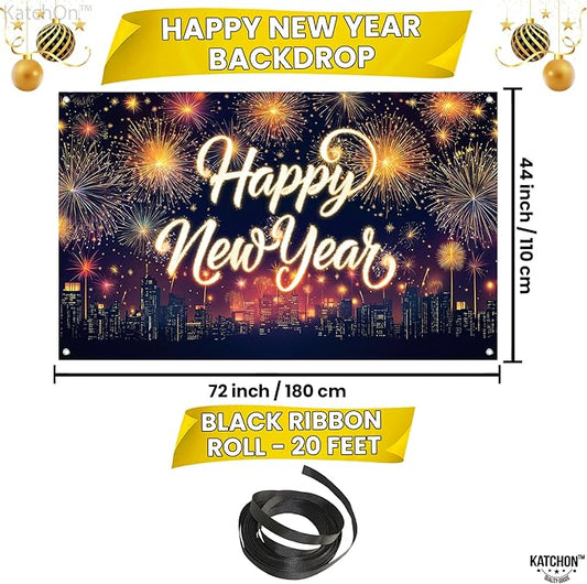 KatchOn, XtraLarge Happy New Year Banner - 72x44 Inch | Neon New Year Backdrop 2026 | Neon New Years Decorations 2026 | NYE Eve Banner For NYE Decorations 2026 | New Years Eve Party Supplies 2026