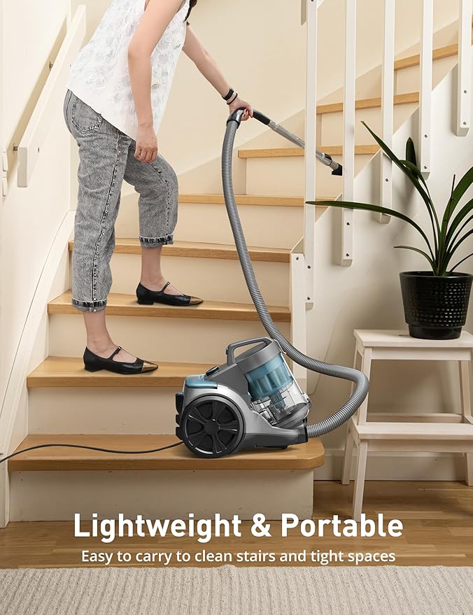 Aspiron 1700W Canister Vacuum Cleaner, 32Kpa Bagless Vacuum Cleaner, Multi-Cyclonic Filtration, 2 Anti-Allergen HEPA Filters, 3.5QT Dust Cup, 4 Tools, Corded Vacuum for Hard Floor, Pet Hair, Cyan
