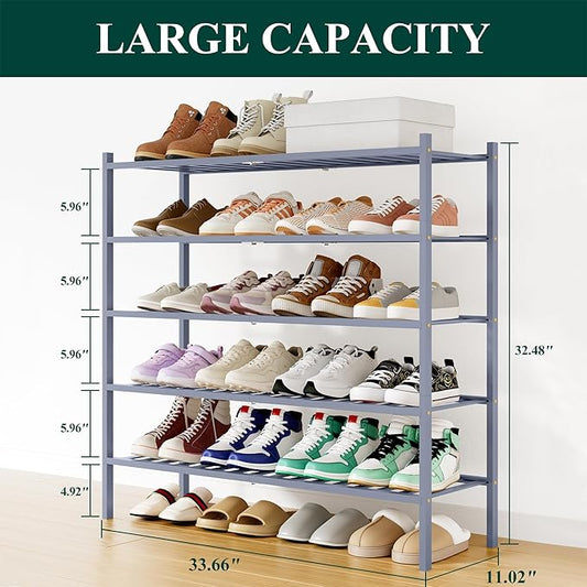 Smiry Shoe Rack, 5 Tier Long Bamboo Shoe Organizer, Stackable Free Standing Wooden Shoe Storage Shelf for Closet, Entryway, Front Door Entrance, Grey