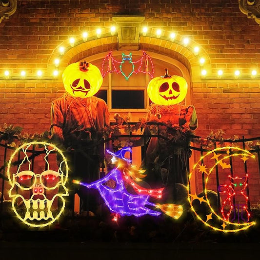 Halloween decorations16 Halloween Window Silhouette Lights Decorations - 4 Pack Colour Lighted Witch & Bat & Skull Head & Cat on Moon for Holiday Indoor and Outdoor Wall Door Window Decorate