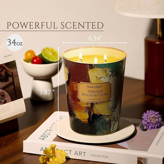 HomeLights Scented Candles | Large Jar 34 Oz Natural Soy Candle | 130 hrs Long-Lasting with 3 Wicks | Industrial Chic Home Decor | Gifts for Mom & Women, Fireside Wood & Glow