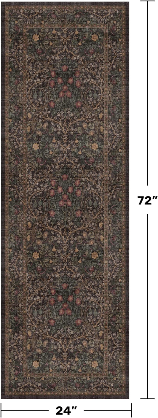 Brown Boho Washable 2x6 Runner Rugs for Hallway, Kitchen, Bedroom Bedside, Laundry Room, Bathroom Rug, Pet & Kids Friendly, Non Slip Low Pile Stain Resistant Soft Long Floral 24 x 72 Floor Carpet