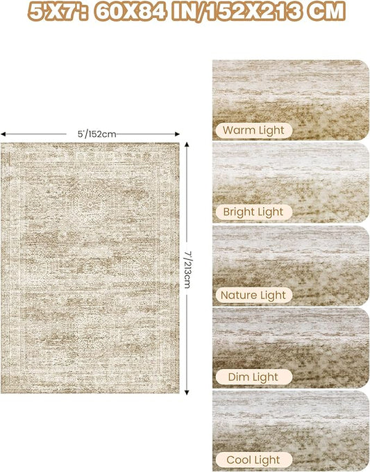 5x7 Area Rugs, Ultra-Thin Washable Rugs for Living Room, Anti-Slip Backing Area Rug for Bedroom, Soft Abstract Vintage Home Decor Rug for Dining Room(5'x7', Brown/Ivory)