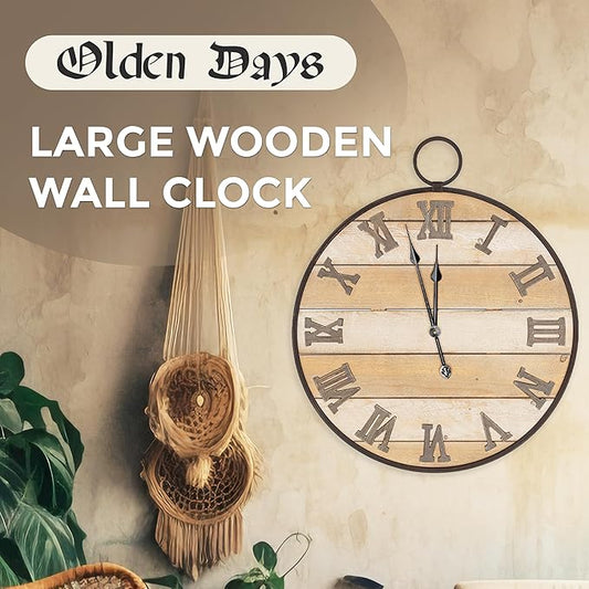 Large Wooden Wall Clock - Antique, Vintage, Rustic, Country Farmhouse Style - Real Wood - Iron Roman Numeral Design - Built-in Wall Hanging Ring - 23.5" x 28"
