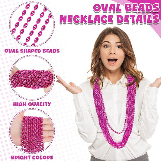 24PCS Breast Cancer Awareness Necklaces, Oval Breast Cancer Beaded Necklace Accessories, Metallic Hot Pink Mardi Gras Beads Necklaces for Gender Reveal Wedding Party Favors Decorations