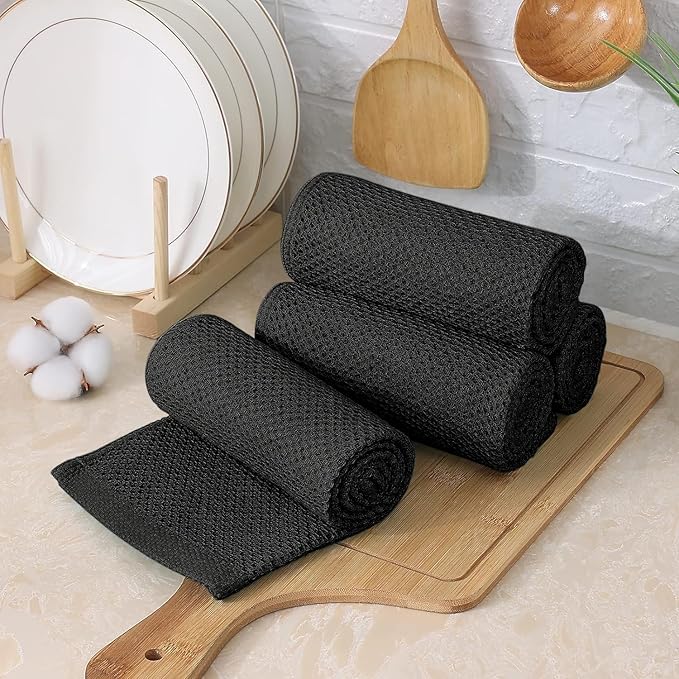 Kitinjoy 100% Cotton Kitchen Towels and Dishcloths Set, 8 Pack Waffle Weave Dish Towels Ultra Soft Absorbent Quick Drying Dish Rags, 13 x 28 Inch and 12 X 12 Inch, Black