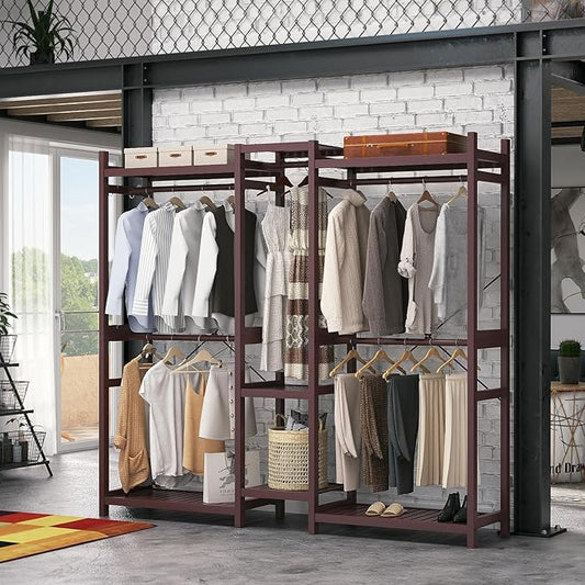 Homykic Bamboo Closet System, Large Clothing Rack for Hanging Clothes, Freestanding Clothes Rack with 7 Shelves & 5 Hanging Rods, Open Wardrobe Closet Organizer Garment Rack with 4 Hooks, Espresso