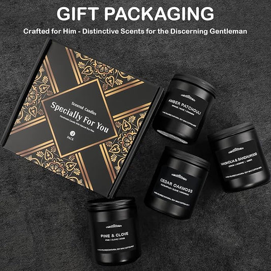Scented Candle Set for Men, 4 Pack Black Jar Candles with Manly Scents – Amber Patchouli, Magnolia Sandalwood, Cedar Oakmoss, Pine Clove, Soy Wax Aromatherapy Gift for Him, Dad, Husband, Father's Day