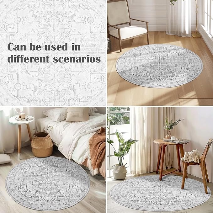 jinchan Round Rug 5ft Vintage Machine Washable Area Rug Kitchen Indoor Circle 5' Ultra-Thin Non-Slip Floral Print Carpet for Farmhouse Entryway Dining Room Living Room Bedroom Office (5'Round,Grey)