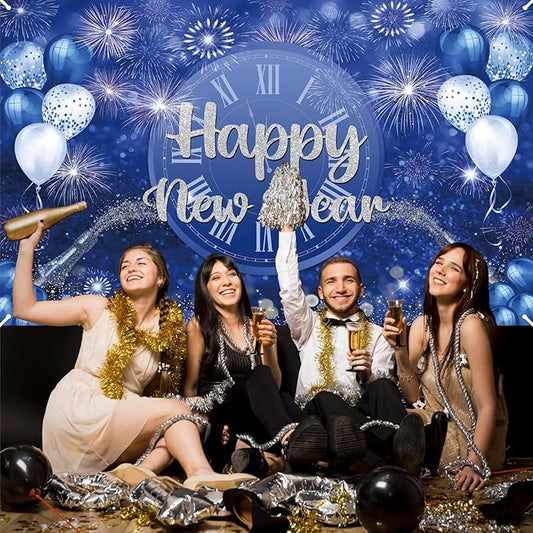 MEHOFOND Happy New Year Backdrop Blue 2026 New Year Eve Party Decorations Banner Supplies Shining Champagne Balloons Firework Photography Background New Years Eve Photo Studio Props 6 x 3.6 ft