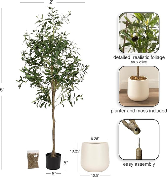Kate and Laurel Oliveira Faux Olive Tree with Jia Curved Planter Pot, 5 FT, Cream, Potted Artificial Tree Indoor with Realistic Foliage and Added Moss, Fake Plant for Living Room Decor