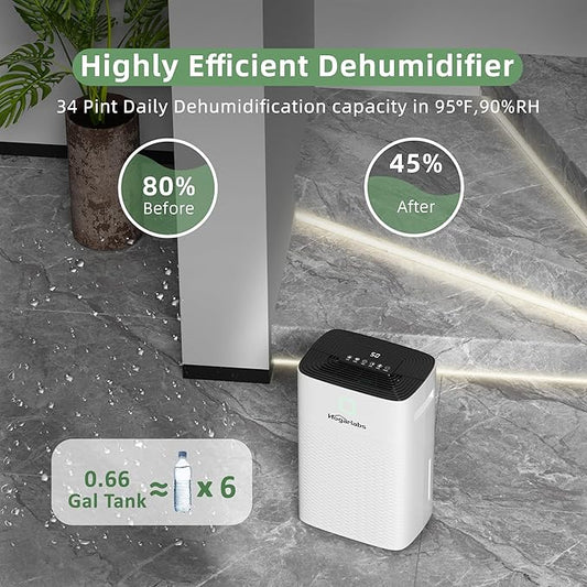 34 Pint Dehumidifiers for Home Basements, with 3 Working Modes, Overflow Protection, and Auto Shut off Restart. Ultra Silent Dehumidifier with Drain Hose, Intelligent Humidity Control