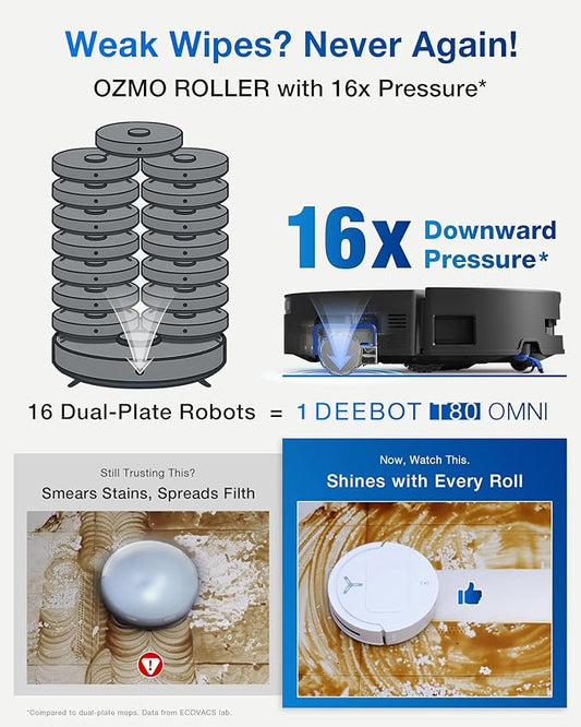 ECOVACS DEEBOT T80 Omni Robot Vacuum and Mop, 18,000Pa Suction, OZMO™ Roller Real-Time Mop Washing, Self-Emptying, Hot Air Drying, AI Navigation, Anti-Tangle Brush, for Pets, Carpets & Hard Floors