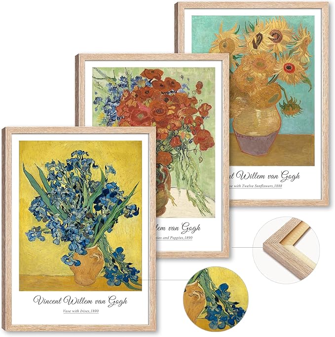 Sunflower Vincent Van Gogh Canvas Wall Art, Vintage Irises & Poppies Paintings, Framed High Fashion Pictures Poster Prints, Minimalist Classic Wall Decor for Living Room, Bedroom, Bathroom