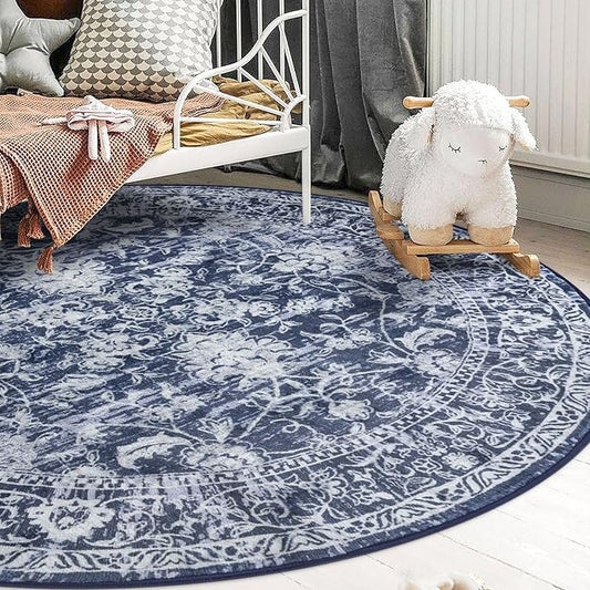 KILOCOCO Area Rug 5ft Round Living Room Rug Washable Printed Vintage Floral Bedroom Rugs Non Slip Entryway Rugs for Kitchen Dining Room Laundry Room Playroom, Blue