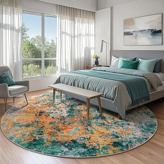6ft Round Area Rug for Living Room- 6x6 Washable Neutral Abstract Rug for Bedroom Modern Soft Dining Room Rug No Slip Low Pile Carpet for Nursery Home Office Decor - Teal/Orange