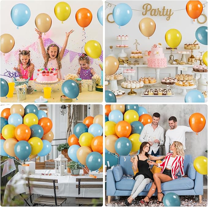 Blue Yellow and Orange Balloons, 12 Inch Retro Sea Blue Yellow Orange Balloons, Latex Helium Balloon for Boys Birthday Baby Shower Boho Son Theme Decorations